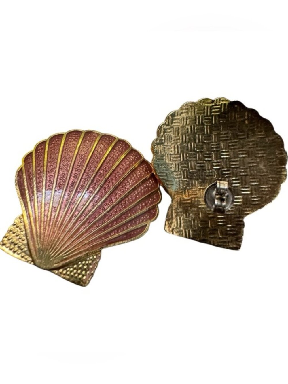 VTG 80s SG Cloisonne Gold Pink Gradient Seashell Enamel Stud Earrings 1”